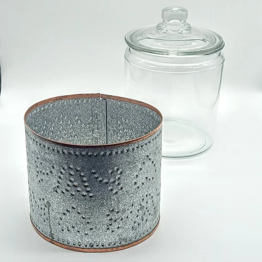 Punched Two Tone Metal Glass Covered Cookie Jar